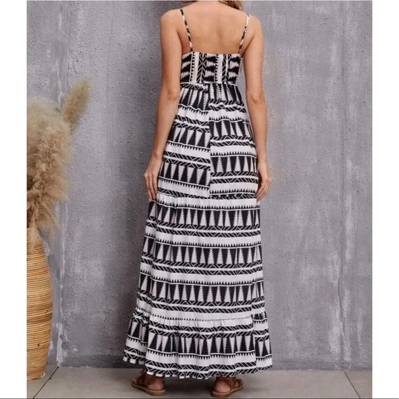 Bohemian Pattern Black White Ruffle Cami Maxi Dress S M L XL - Picture 3 of 4